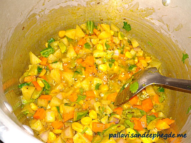 Vegetable Pulao: After adding vegetables and spices